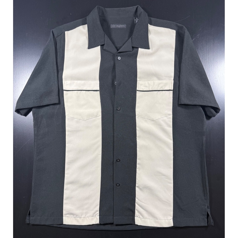 Via Europa Mens XL Bowling Shirt Black Cream 2Tone Panel Rockabilly Sopranos 50s
